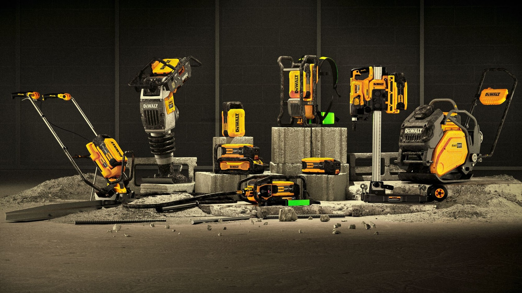 A collection of DEWALT construction and landscaping power tools arranged on concrete blocks and gravel. The tools include saws, drills, breakers, and other equipment, all in yellow and black colors.